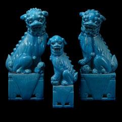 214 Three Turquoise Glazed Buddhist Lions Republic Period Comprising a pair of large lions and a smaller lion. {Height: 15 3/4 and 11 3/4 inches (40 and 29.8 cm)} [Small chips] 214 Sold $360.