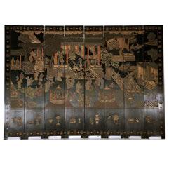 237 Eight-Panel Coromandel Folding Screen Depicting various court figures, the reverse decorated with birds and