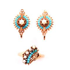 21 Turquoise, Seed Pearl, 14k Rose Gold Jewelry Suite.