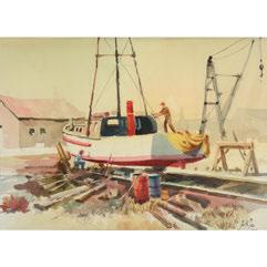 361 JAKE LEE (Californian 1915-1991) "Dry Dock" Watercolor. Sight: 13 3/8 x 18 3/4 inches; Frame: 23 x 28 1/2 inches. Signed and dated lower right: Jake Lee 1987. 361 BUY IT NOW $307.