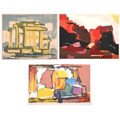00 364 RIVA HELFOND (American 1910-2002) "Untitled blue and yellow abstract", "Untitled yellow and red abstract" and "Untitled red abstract" Woodblock. Lithograph. Silkscreen.