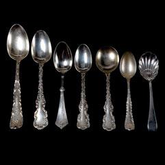 401 Group of Various Sterling Silver Spoons. Including Tiffany & Co. Wave Edge Pattern, Gorham, and Whiting Co.. Tiffany & Co. monogrammed "AV"; four Gorham pieces monogrammed, "Emma", one "Carrie", others monogrammed "Mr.