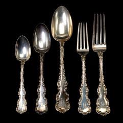 By Curti Angelo Milan, Retailed by Tiffany & Co.. {Dimensions: 4 3/4 x 12 1/2 x 9 1/2 inches; silver weight 26.204 troy oz.} 402 Sold $720.00 403 C.Preusser & Bro. Sterling Flatware.