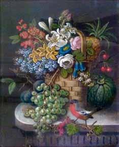 150-250 (+ 24% BP*) Lot 469 Lot 469 19th Century sand picture - Still-life with basket of flowers and fruit, a Bullfinch perched in the foreground, 57cm x 44.