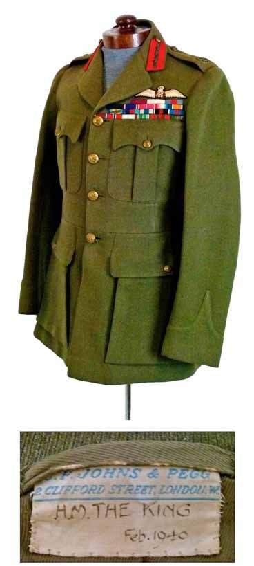 Lot 483 World War II Field Marshal s khaki Service Dress jacket of H.M. King George VI, bearing cloth R.A.F. pilots wings and nineteen medal ribbons, the label of Royal and military tailors C.F.Johns & Pegg of 2 Clifford St, London inscribed in ink H.