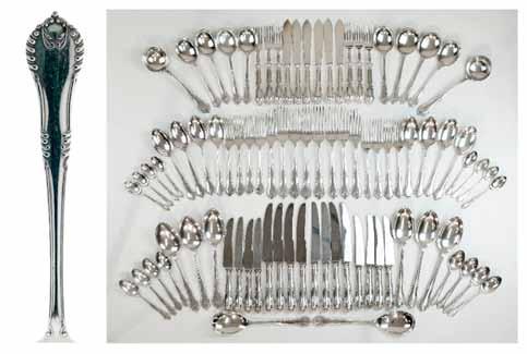 Lot 523 Lot 523 Elizabeth II silver eight person canteen of Chesterfield pattern cutlery comprising: eight dessert spoons, six by James Dixon & Sons Ltd Sheffield 1973 and two by United Cutlers Ltd