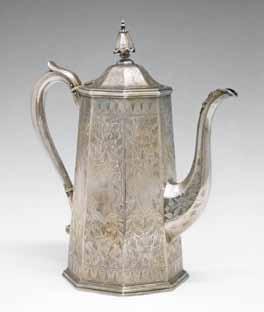 Lot 549 Lot 549 Victorian silver coffee pot, of tapered octagonal form, having allover engraved foliate decoration, maker Robert Hennell IV, London 1875, 26.