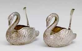 Jewellery Lots 569-679 Lot 563 Lot 563 Pair of Indian silver Swan design salts bearing the marks of Oomersi Mawji, each stamped O.M Bhuj, 6.