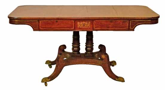 Lot 64 Regency brass inlaid rosewood rectangular topped library table, fitted two drawers to the frieze and standing on a double turned