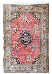 Clocks & Barometers Lots 101-128 Lot 96 Lot 96 Good quality modern Persian silk rug, the central field decorated with a hunting scene on a pink ground, central medallion, within multi borders, 204cm