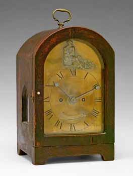 Lot 105 19th Century simulated rosewood cased arch top double fusee mantel clock, the brass dial with applied figural decoration and Roman numerals, brass double fusee movement striking