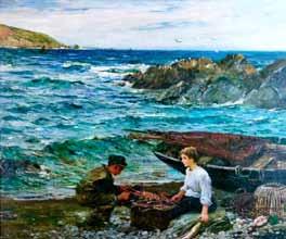 Lot 135 Lot 135 John Robertson Reid (1851-1926) - Oil on canvas - Cornish coastal scene with woman and boy with a basket of lobsters, titled Talland Bay between Looe and Fowey, signed John R.