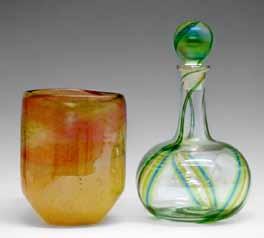 25cm high 100-150 (+ 24% BP*) Lot 314 Lot 314 Five pieces of modern studio glass comprising: two Julia Donnelly vases, each having streaked decoration, 9cm and 11.