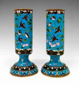 Lot 350 Pair of Japanese cloisonné baluster shaped vases, each decorated with six reserves depicting birds and foliage on an orange ground, 18.