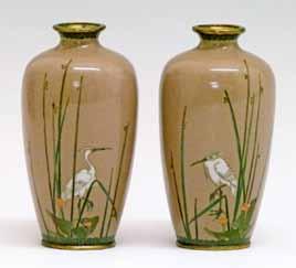Lot 361 Lot 357 Lot 357 Pair of small Japanese cloisonné vases, each finely decorated with a crane amongst rushes on a light brown ground, four character mark to each base, 9.