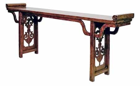 supports united by stretchers 100-150 (+ 24% BP*) Lot 388 Chinese elm altar table standing on pierced and carved panel end supports, 226cm wide 200-300 (+ 24% BP*) Lot 389 Lot 389 Chinese lacquered