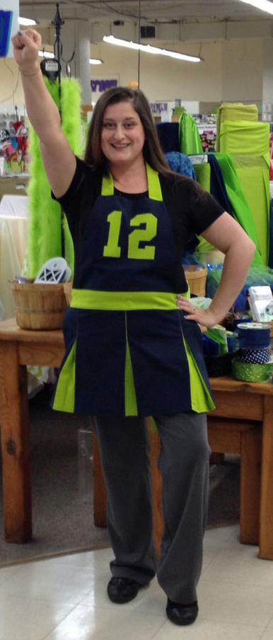 Cheerleader Apron for Seahawk Fans Designed by Anna-Beth at our Northgate store Every Hawk Hostess needs a Seahawks Cheerleader