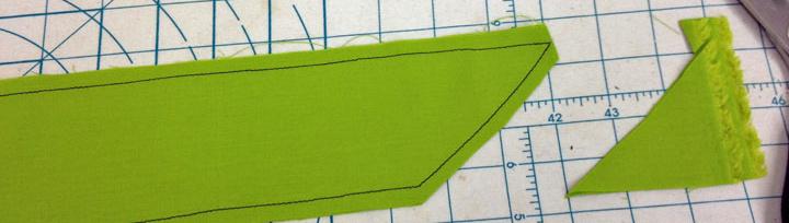 8. Sewing just next to each fold, sew from the top edge to the pin and back up to the top edge at the other fold. 2.