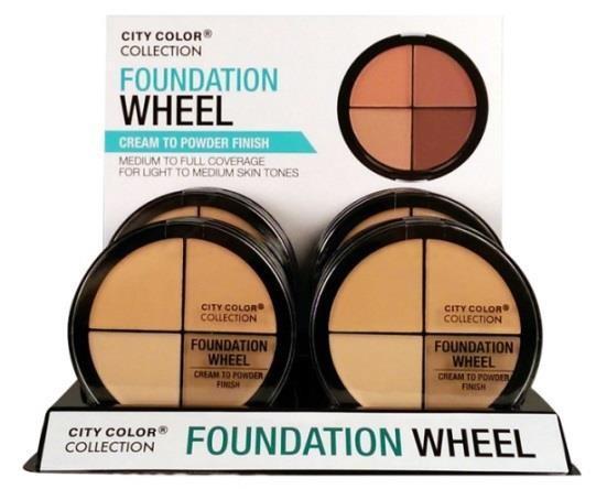 This foundation wheel is an all-inclusive on the go foundation that sets to a powder finish.