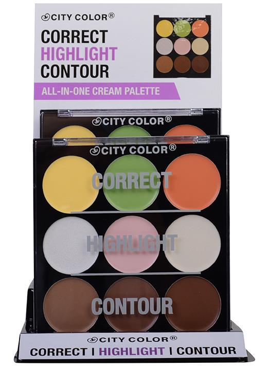 Total of 9 shades: 3 color correctors, 3 highlighters, and 3 contour shades Creamy and easy to blend How to: Using a