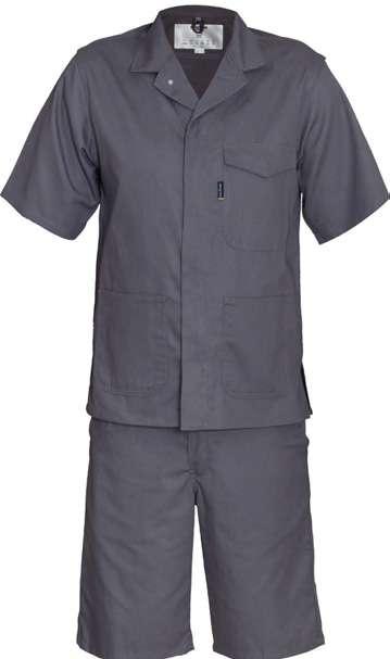 Essential Workwear SUIT: 07113 / TOP: 07469 / TROUSERS: 07385 Short Sleeve Two Piece Suit SANS 1387 Easy fitting short sleeve jacket with centre front zip Single breast pocket with flap and stud