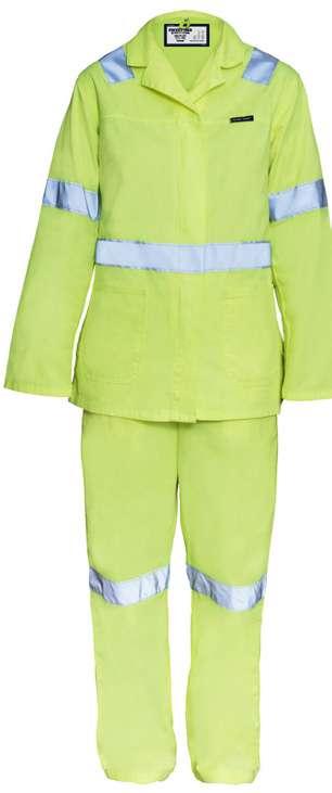 High Visibility SUIT: 06190 / TOP: 06496 / TROUSERS: 06367 Ladies Two Piece High Visibility Continental Suit SANS 1387 Long sleeve zip through jacket with front yoke Bust darts with patch pockets