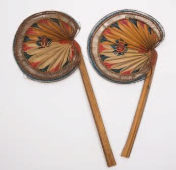 721 721 Two 19th century Eastern root wood and polychrome decorated fans of