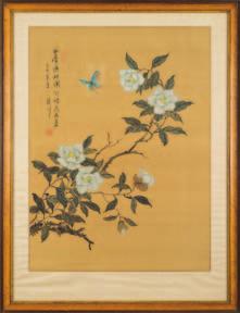 725-2 725 725 A pair of Chinese watercolours on silk depicting birds and a butterfly