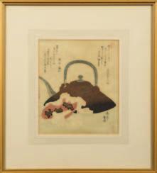80-120 742 After Kuniyoshi, a wood block print geisha girls preparing tea, 36 x 24.5cm., together with another print of courtesans in a garden, 32 x 23cm.