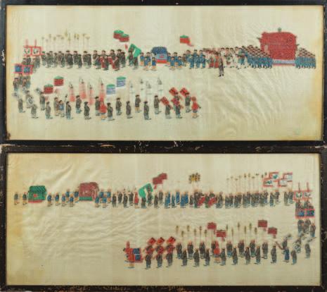 749 A pair of Chinese painted silk panels each depicting part of a ceremonial procession, each panel 27 x 65cm.