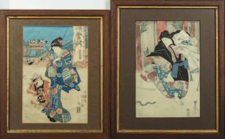 772 After Utamaro a wood block print depicting an actor in Samurai dress 34 x 23cm together with another wood block print of a geisha girl with her attendant 34 x 23cm.