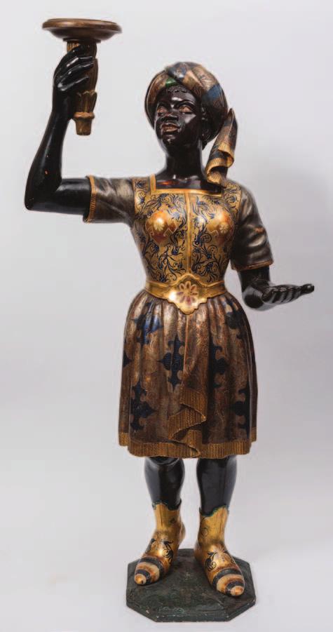 844 844 A 19th century carved hardwood and polychrome decorated blackamoor with right arm raised holding a circular torch,