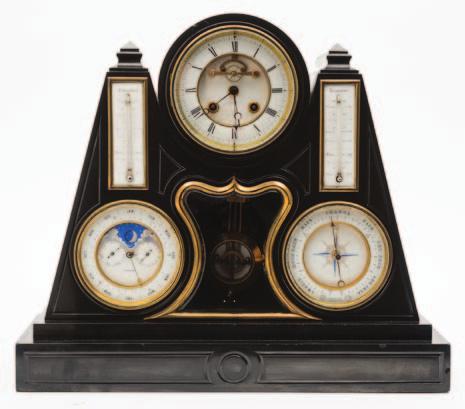 857 A Victorian black marble perpetual calendar mantel clock the eight-day duration movement striking the hours on a bell with the backplate stamped with the initials J.B.