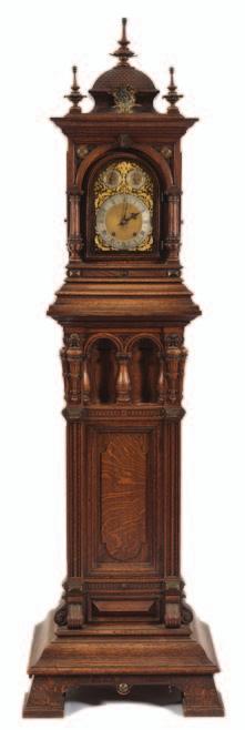 for strike/silent and regulation, with a matted dial centre and gothic blued steel hands, the oak case carved with various decorative features including a tiled roof to the pagoda top, floral