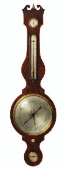 877 Frankham, Holborn a mahogany wheel barometer the flame mahogany case having a swan-neck pediment with a turned brass finial, round bottom, boxwood and ebony edge-line, a round silvered ten-inch