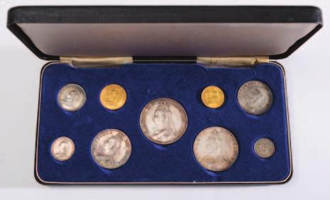 670 671 670 A Victoria Jubilee nine coin set, 1887 sovereign to 3d contained in a fitted case. 300-500 671 An Isle of Man gold four coin set, 1973 5, 2, sovereign and half sovereign, cased.