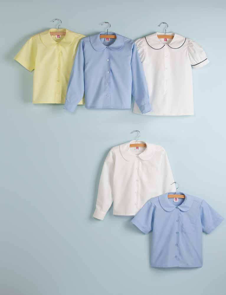 9381 Peter Pan Collar Blouses A+ Fabrics: 65% polyester, 35% cotton tain, fade, shrink, and pill resistant Wrinkle free Machine wash and dry 9366 Puffed Long-leeve Broadcloth Blouse 9361 Puffed