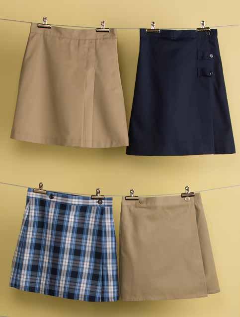 izes: Youth 7-18, Youth Half izes 6½-18½ 7942 kort Model 48, olid* A+ Fabrics: 65% polyester, 35% cotton twill Long skort with front and back flaps 2 button tabs on front panel Elastic back