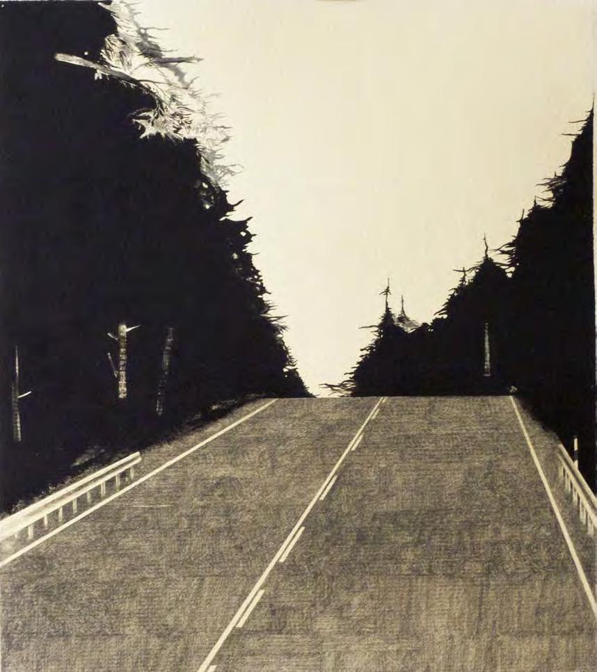 A painting of a road at nightfall serves as background to recreate an oneiric atmosphere. A man s shape is silhoutted on it.