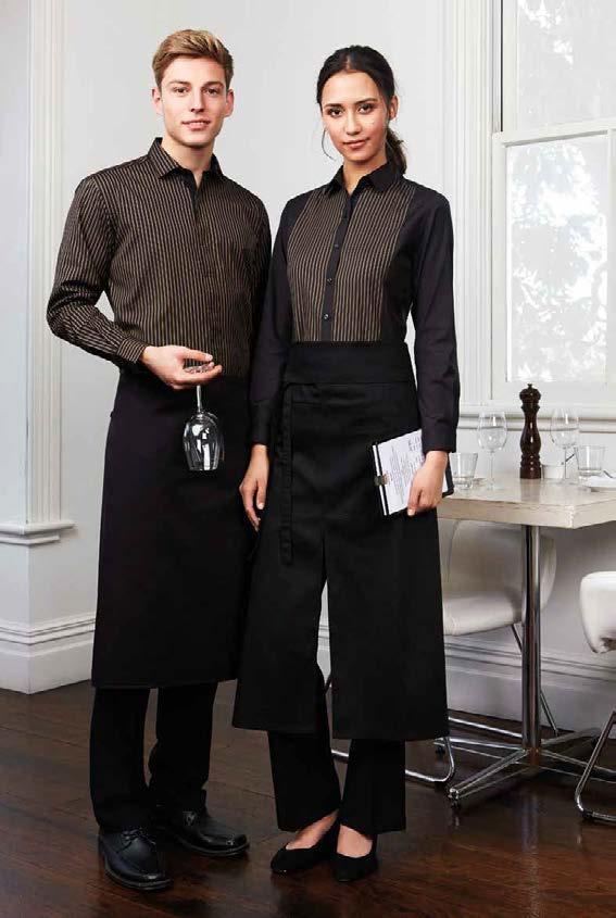 HOSPITALITY BLACK APRONS THE EVERDAY ESSENTIAL BA92 BISTRO FABRIC 65% Polyester, 35% Cotton Twill // 190 GSM FEATURES Below knee, Bistro length // Unique styling // No front pocket // Longer length