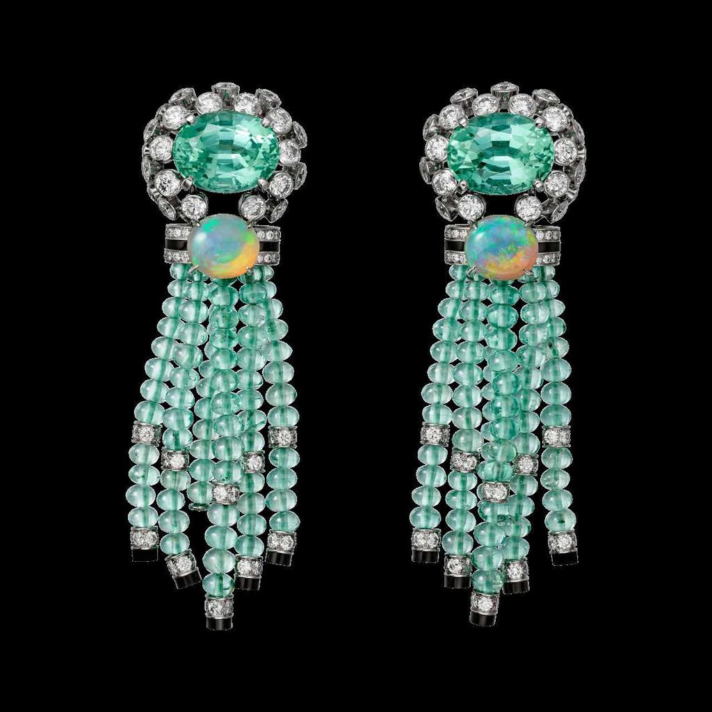 MATSURI Earrings in platinum, set with two oval-shaped tourmalines (8.32 carats), two cabochon-cut opals (2.17 carats), tourmaline beads, onyx, and brilliant-cut diamonds; Vincent Wulveryck Cartier.