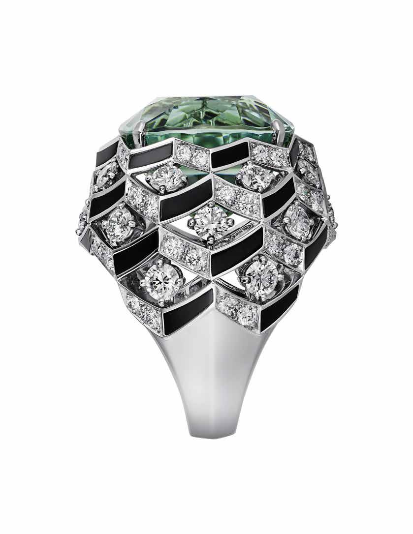 MATSURI Ring in platinum, set with one 26.20-carat cushionshaped tourmaline, onyx, and brilliant-cut diamonds; Vincent Wulveryck Cartier.