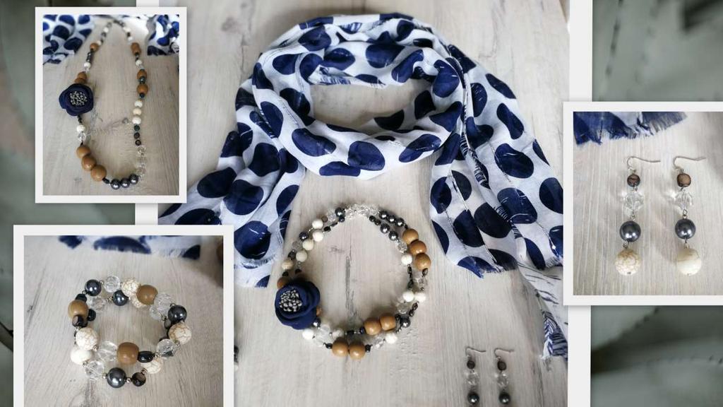 59. Semi precious stone necklace with flower broach, m-length, R 95 60. Navy dot scarf with a touch of glitz 180x90cm, R 120 63.