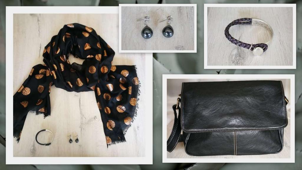 115. Black scarf with rose gold dots, 180x70cm, R 120 116. Charcoal diamante drop earrings, R 45 117. Charcoal leather bangle bracelet, R 65 118.