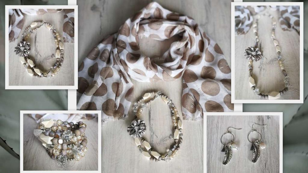 11. Grey semi precious stone mix necklace with flower broach, m-length necklace, R 95 12. Taupe sand dot scarf with a touch of glitz 180x90cm, R 120 11 13.