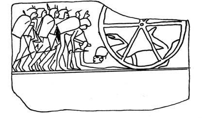 DIPLOMAT AND WARRIOR 135 Figure 28 A Nubian under the wheel in the Nubian battle. An Egyptian soldier cuts off his hand (after Johnson W.R. 1992, Figure 6). Illustration by Charlotte Booth.