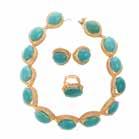 JEWELRY 185 185a A Rare Ladies 18K Turquoise Suite of Jewelry 18K yellow gold matching suite of jewelry featuring large bright robins egg blue turquoise set into a necklace, earring and ring with