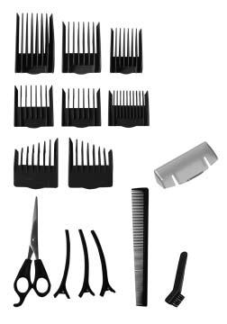 Styling comb L. Scissors M. Sectioning clips N. Cleaning brush O. Instruction book P. Storage case Q.