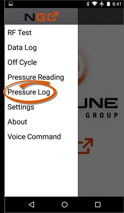 1. Click Pressure Log from the NGO Main Menu.