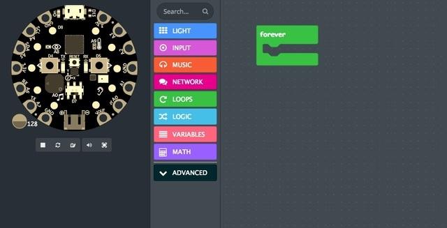 To build it step-by-step, check out the sections below. All new MakeCode projects begin with a single loop block on the canvas -- a forever block.